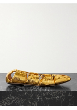 Chloé - Luna Cutout Embellished Gathered Metallic Leather Ballet Flats - Gold - IT36,IT36.5,IT37,IT37.5,IT38,IT38.5,IT39,IT39.5,IT40,IT40.5,IT41