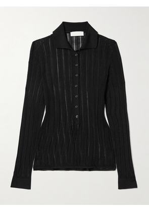 Veronica de Piante - Lydia Pointelle-knit Mulberry Silk Polo Sweater - Black - x small,small,medium,large