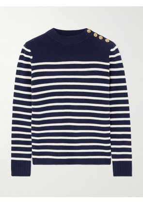 Chloé - Button-embellished Striped Wool And Cashmere-blend Sweater - Blue - x small,small,medium,large,x large