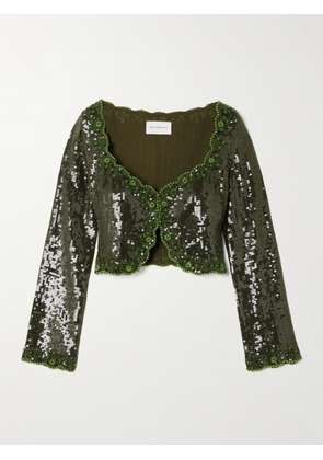 Clio Peppiatt - Olivine Cropped Scalloped Embellished Crepe Top - Green - x small,small,medium,large,x large