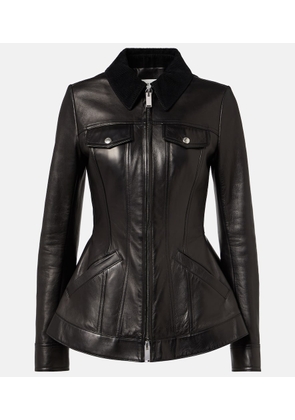 McQueen Peplum corduroy-trimmed leather jacket