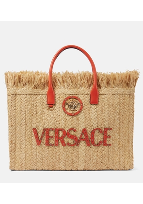 Versace La Medusa leather-trimmed straw tote bag