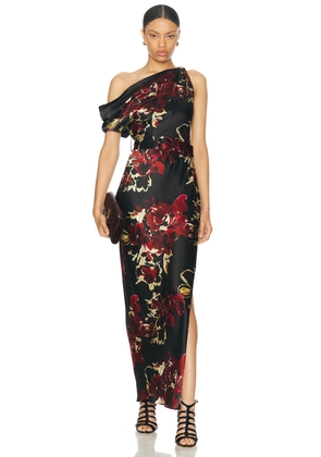 NICHOLAS Halle Off Shoulder Midi Dress in Watercolor Floral Black - Black. Size 0 (also in ).