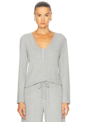 LESET Lauren V Neck Henley Top in Grey Melange - Grey. Size L (also in XL, XS).