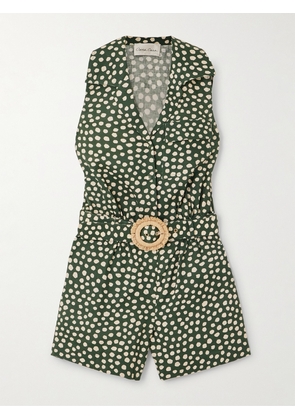 Cara Cara - Yuki Belted Pleated Polka-dot Linen Playsuit - Green - xx small,x small,small,medium,large,x large,xx large