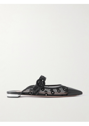 Aquazzura - Darling Daisy Crystal-embellished Flocked Polka-dot Leather-trimmed Mesh Mules - Black - IT34,IT35.5,IT36,IT36.5,IT37,IT37.5,IT38,IT38.5,IT39,IT39.5,IT40,IT40.5,IT41,IT41.5,IT42