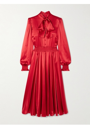 Dolce & Gabbana - Pussy-bow Smocked Pleated Silk-satin Midi Dress - Red - IT36,IT40,IT42,IT44,IT46