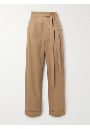 SAINT LAURENT - Belted Pleated Cotton-twill Straight-leg Pants - Neutrals - FR 36,FR 38,FR 40