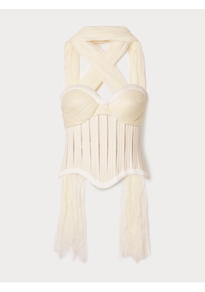 Danielle Frankel - Anika Strapless Cotton-blend Twill, Tulle And Plissé-satin Bustier Top - White - US0,US2,US4,US6,US8,US10