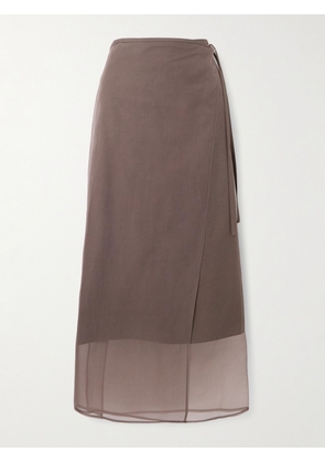 Brunello Cucinelli - Organza-trimmed Cotton-blend Midi Wrap Skirt - Brown - IT36,IT38,IT40,IT42,IT44,IT46,IT48,IT50
