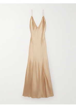 SAINT LAURENT - Open-back Paneled Silk-satin Gown - Neutrals - FR 36,FR 38,FR 40