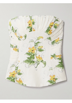 Aje - Otta Strapless Pleated Floral-print Linen-blend Bustier Top - White - UK 4,UK 6,UK 8,UK 10,UK 12,UK 14,UK 16