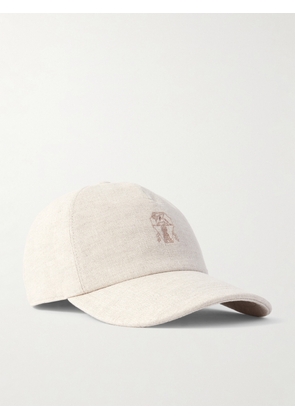 Brunello Cucinelli - Leather-trimmed Embroidered Linen-blend Canvas Baseball Cap - Off-white - S,M,L