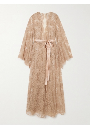 ROSAMOSARIO - Classic Love Belted Satin-trimmed Cotton-blend Lace Robe - Neutrals - small,medium,large,x large