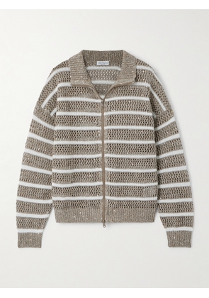 Brunello Cucinelli - Sequined Striped Open-knit Linen-blend Cardigan - Gray - xx small,x small,small,medium,large,x large