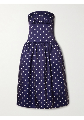 Self-Portrait - Strapless Pleated Polka-dot Satin Midi Dress - Blue - UK 4,UK 6,UK 8,UK 10,UK 12,UK 14,UK 16