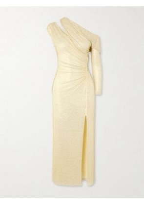 Self-Portrait - Asymmetric Crystal-embellished Stretch-jersey Midi Dress - Yellow - UK 4,UK 6,UK 8,UK 10,UK 12,UK 14,UK 16