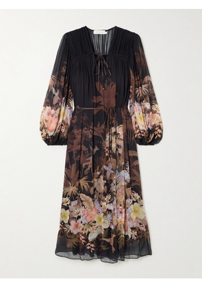 Zimmermann - Illuminate Drawn Belted Gathered Printed Crepon Midi Dress - Black - 00,1,2,3,4