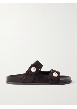 Jimmy Choo - Fayence Faux Pearl-embellished Suede Slides - Brown - IT36,IT36.5,IT37,IT37.5,IT38,IT38.5,IT39,IT39.5,IT40,IT40.5,IT41,IT41.5,IT42,IT43