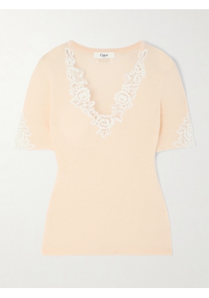 Chloé - Lace-trimmed Ribbed Wool Top - Neutrals - x small,small,medium,large,x large