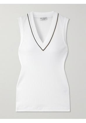 Brunello Cucinelli - Bead-embellished Ribbed Cotton-blend Tank - White - xx small,x small,small,medium,large,x large,xx large