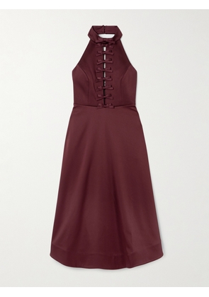 Rebecca Vallance - Cutout Bow-detailed Duchesse-satin Halterneck Midi Dress - Burgundy - UK 4,UK 6,UK 8,UK 10,UK 12,UK 14