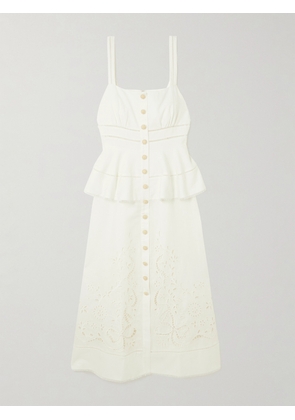 Self-Portrait - Embellished Broderie Anglaise Linen And Cotton-blend Midi Dress - Off-white - UK 4,UK 6,UK 8,UK 10,UK 12,UK 14,UK 16