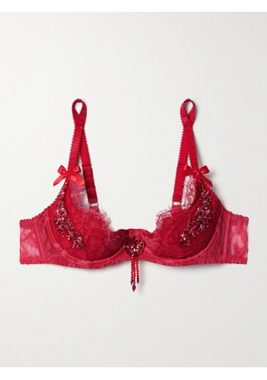 Agent Provocateur - Graicelle Embellished Leavers Lace And Stretch-silk Satin Underwired Balconette Bra - 32B,34B,36B,32C,34C,36C,32D,34D,32DD,34DD