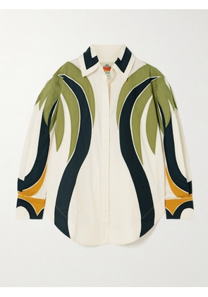 Farm Rio - Coconut Tree Flow Pintucked Paneled Cotton Blouse - Off-white - xx small,x small,small,medium,large,x large