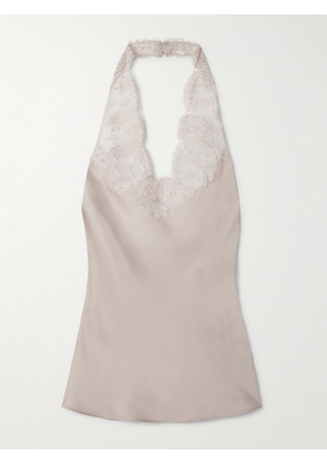 SAINT LAURENT - Lace-trimmed Silk Halterneck Tank Top - Pink - FR 36,FR 40