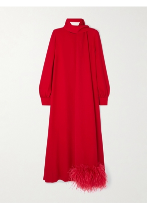 Valentino Garavani - Tie-neck Feather-trimmed Silk-crepe Gown - Red - IT38,IT40,IT42,IT44,IT46,IT48