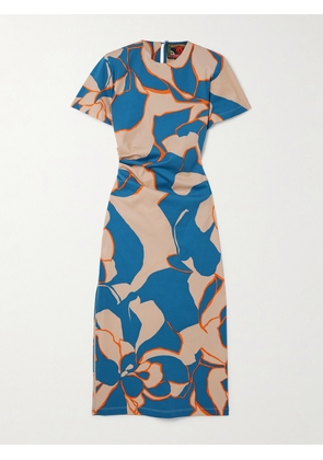 La DoubleJ - + Mother Lela Ruched Printed Cotton-blend Jersey Midi Dress - Blue - xx small,x small,small,medium,large,x large,xx large