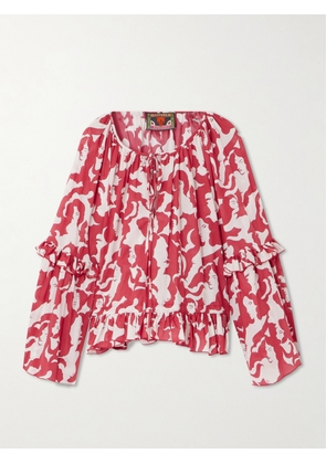 La DoubleJ - + Mother Ruffled Printed Cotton Top - Red - xx small,x small,small,medium,large,x large,xx large