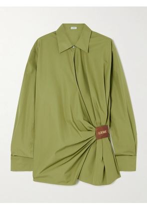 LOEWE - Wrap-effect Leather-trimmed Cotton-poplin Shirt - Green - FR44,FR36,FR40,FR42,FR38