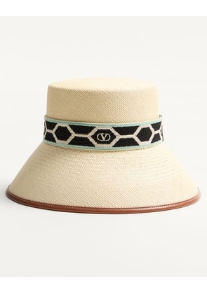 Valentino Garavani ANTIBES STRAW BUCKET HAT WITH LEATHER TRIM AND DIAMOND PATTERN RIBBON Woman NATURAL/BLACK L