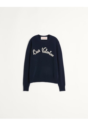 Valentino WOOL CREWNECK JUMPER WITH CHEZ EMBROIDERY Man INDIGO S