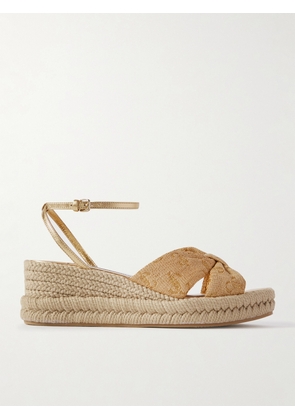 Jimmy Choo - Aella 60 Raffia-jacquard And Leather Wedge Sandals - Gold - IT36,IT36.5,IT37,IT37.5,IT38,IT38.5,IT39,IT39.5,IT40,IT40.5,IT41,IT41.5,IT42