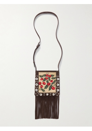 Valentino Garavani - Fringed Suede And Embroidered Faux Raffia Shoulder Bag - Brown - One size