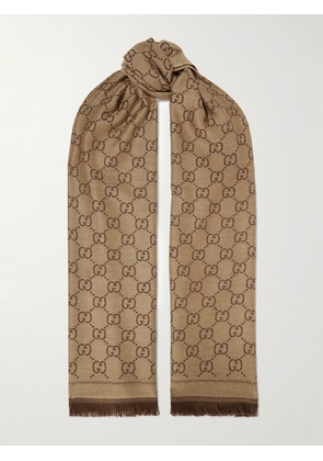 Gucci - + Net Sustain Sten Reversible Fringed Organic Wool-jacquard Scarf - Brown - One size