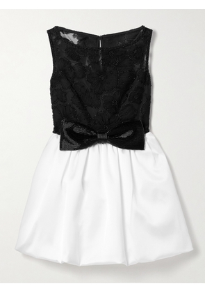 Self-Portrait - Gathered Satin And Embellished Tulle Mini Dress - White - UK 4,UK 6,UK 8,UK 10,UK 12,UK 14,UK 16