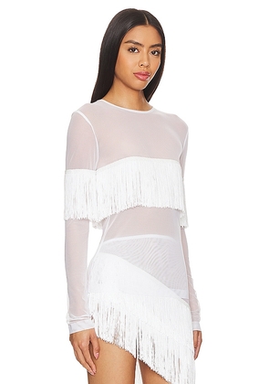 Norma Kamali Long Sleeve Crewneck Fringe Top in White. Size L. Also in M, S.