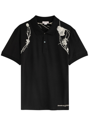 Alexander Mcqueen Flower Harness Embroidered Cotton Polo-shirt - Black - S