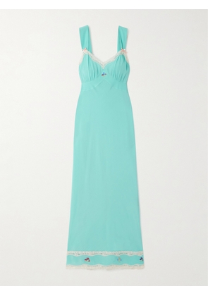 RIXO - Lucie Lace-trimmed Embroidered Crepe De Chine Midi Dress - Blue - UK 6,UK 8,UK 10,UK 12,UK 14,UK 16