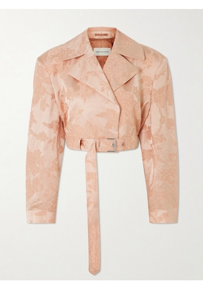 Dries Van Noten - Belted Cropped Floral-jacquard Linen-blend Jacket - Pink - x small,small,medium,large