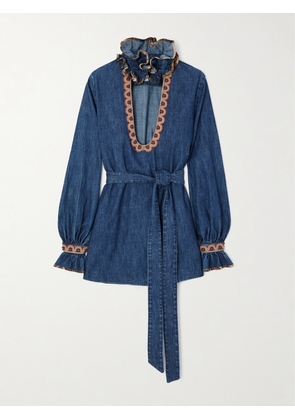 Valentino Garavani - Embroidered Ruffled Embellished Chambray Top - Blue - IT36,IT38,IT40,IT42,IT44,IT46,IT48