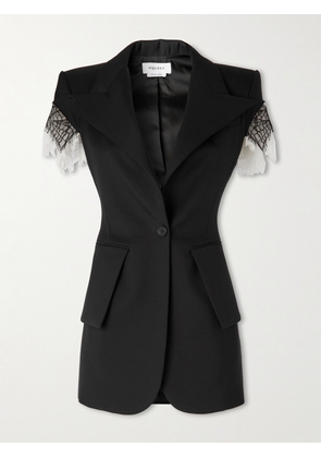 MCQUEEN - Crinkled-silk And Lace-trimmed Wool-gabardine Jacket - Black - IT40,IT42,IT44