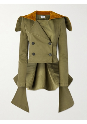 MCQUEEN - Asymmetric Double-breasted Cotton-twill And Velvet Jacket - Green - IT38,IT40,IT42