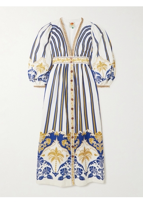 Farm Rio - Embellished Printed Linen-blend Midi Dress - Off-white - xx small,x small,small,medium,large,x large