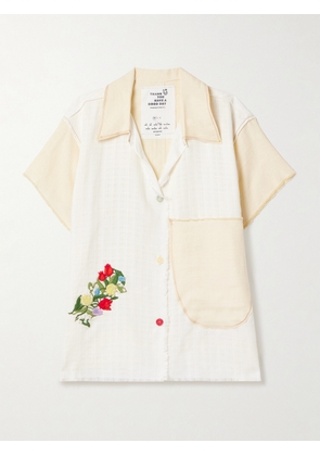 Thank You Have A Good Day - Appliquéd Frayed Two-tone Linen Shirt - Cream - One size