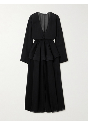Alaïa - Gathered Georgette Peplum Midi Dress - Black - FR 34,FR 36,FR 38,FR 40,FR 42,FR 44